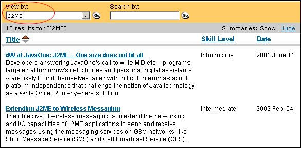 Figure 2. View articles by topic (J2ME)